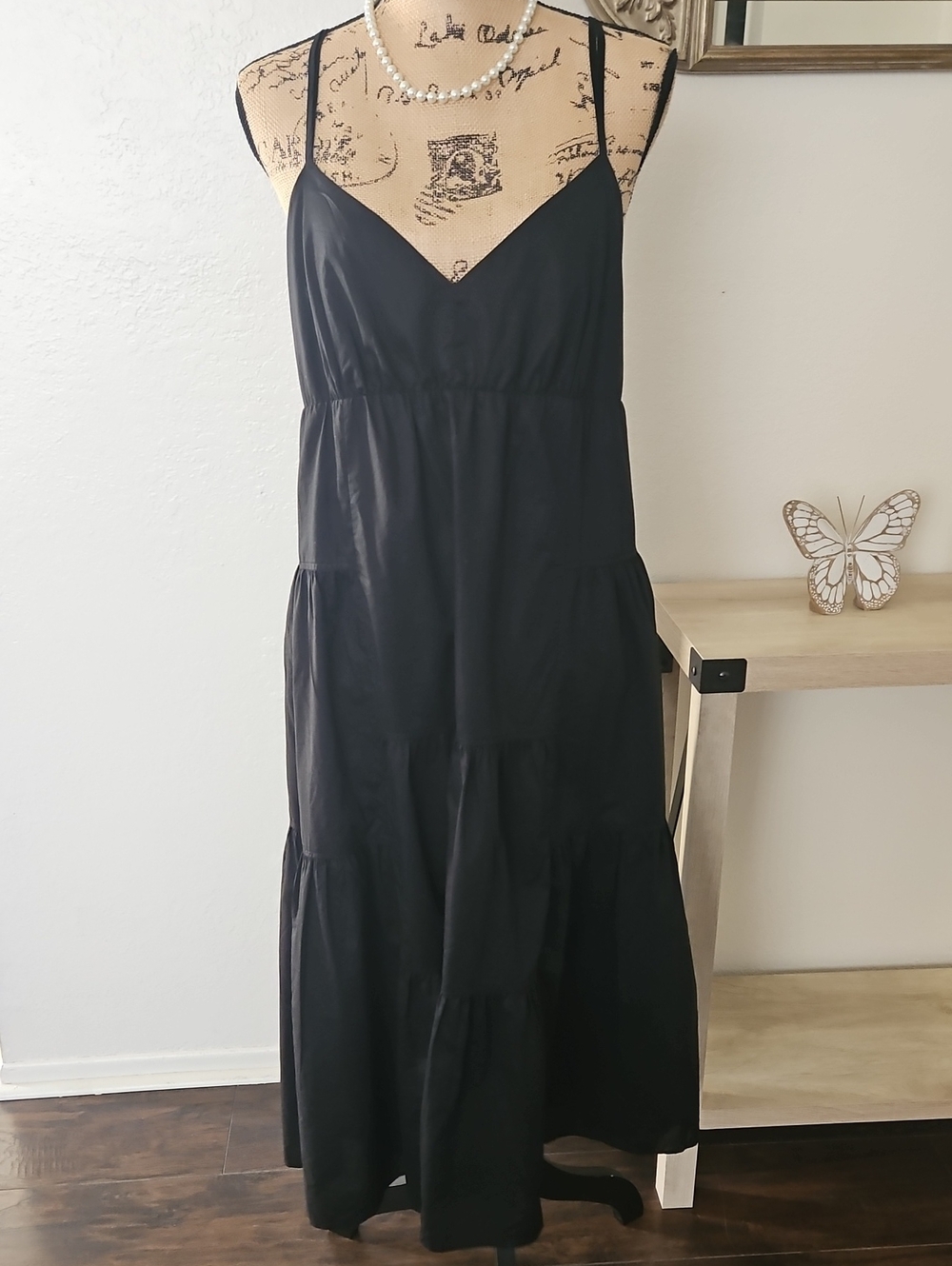 Gap SIZE 14 womens Black Spaghetti-Strap Tiered Maxi Dress